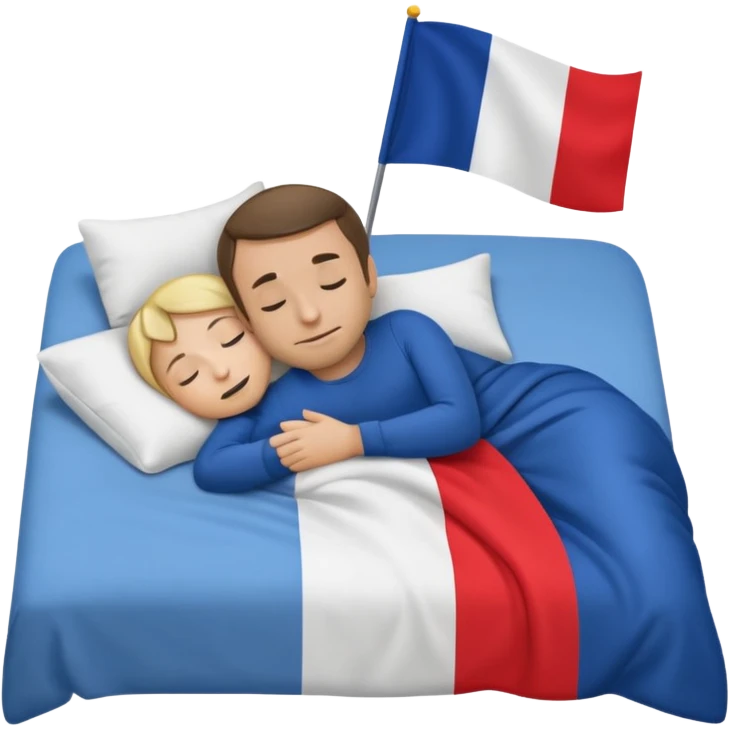 playful emoji of Macron tucked in bed, holding small French flag, sleeping soundly, emoji style emoji