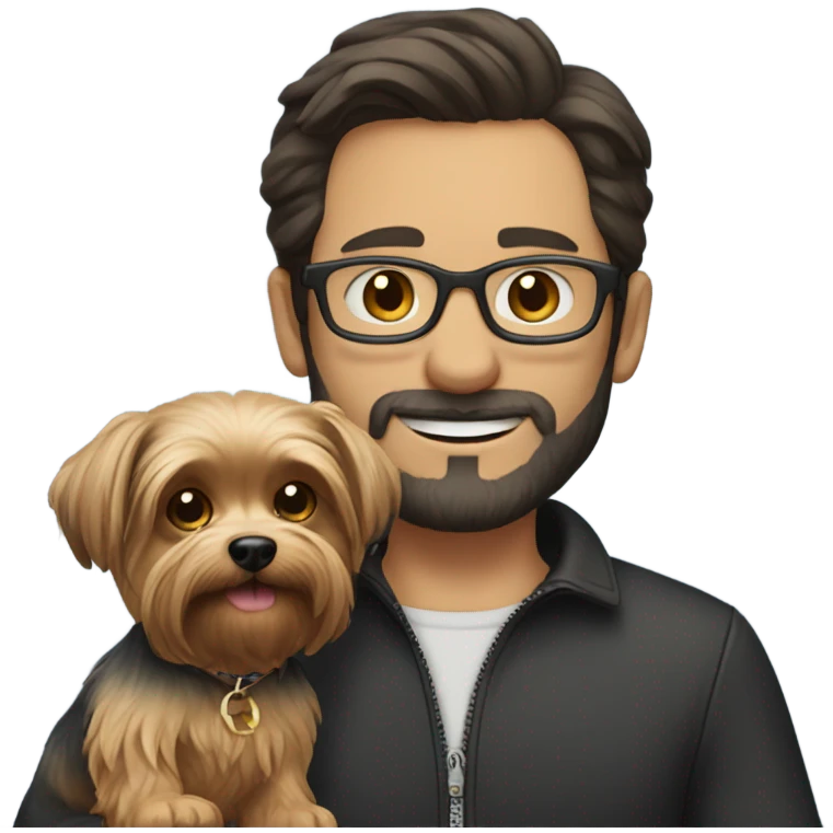 Dark haired white guy with facial hair and glasses holding a yorkie  emoji