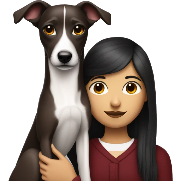 A girl with the hair red-wine coloured hugging a black and whippet emoji