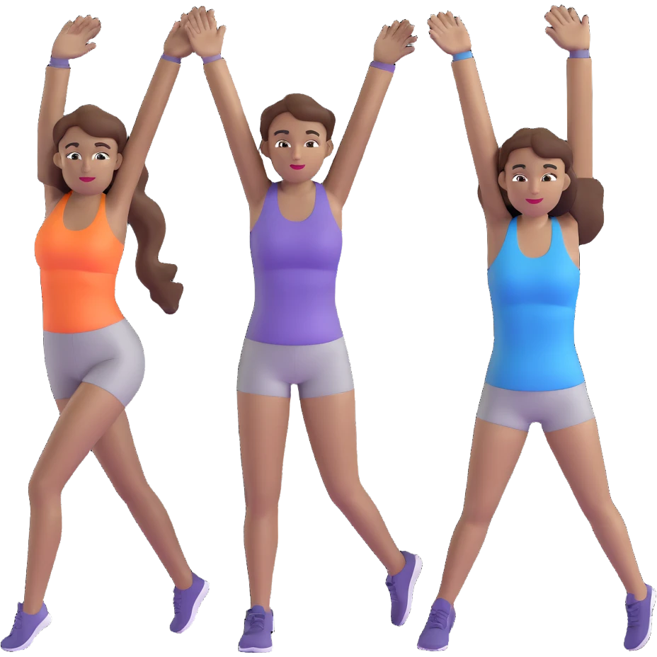 three women friends exercising together, one black woman with brown hair, two white women with brown hair emoji