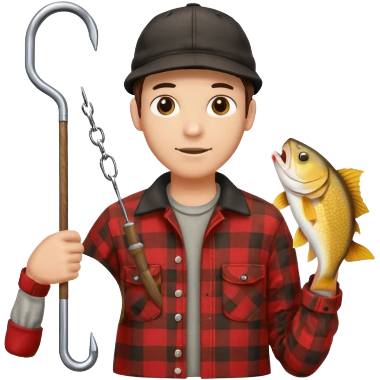 vit Ung man med svart keps röd gul rutig flanellskjorta hållandes en brun båtshake med hängande jättestor torsk emoji