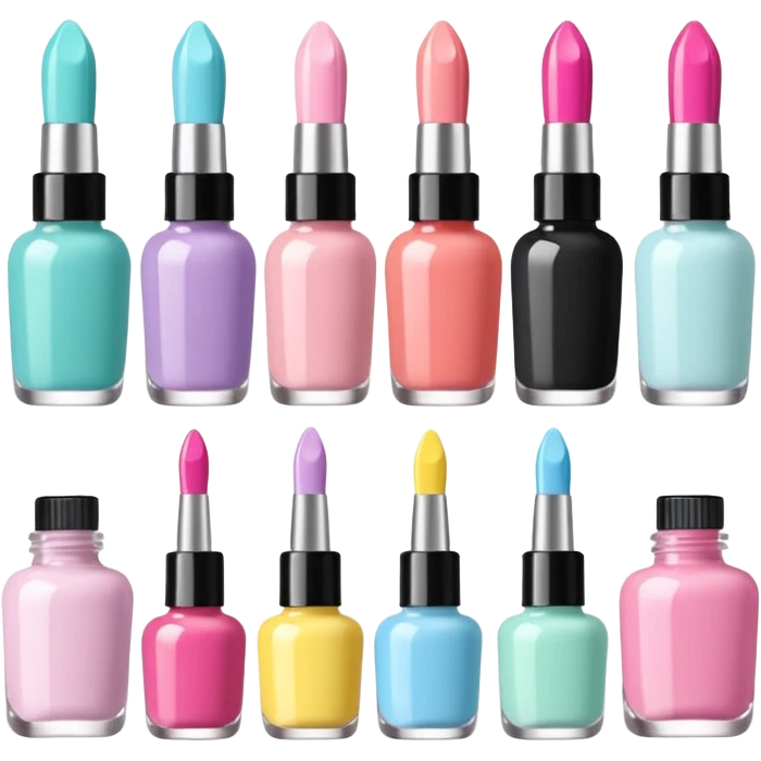 Minimalist nail art sticker pack featuring a cute female nail artist, nail tools like brushes and files, colorful nail polish bottles, small decorated nails, simple and clean design, pastel colors, kawaii style, delicate and charming, high-resolution, perfect for nail stickers emoji