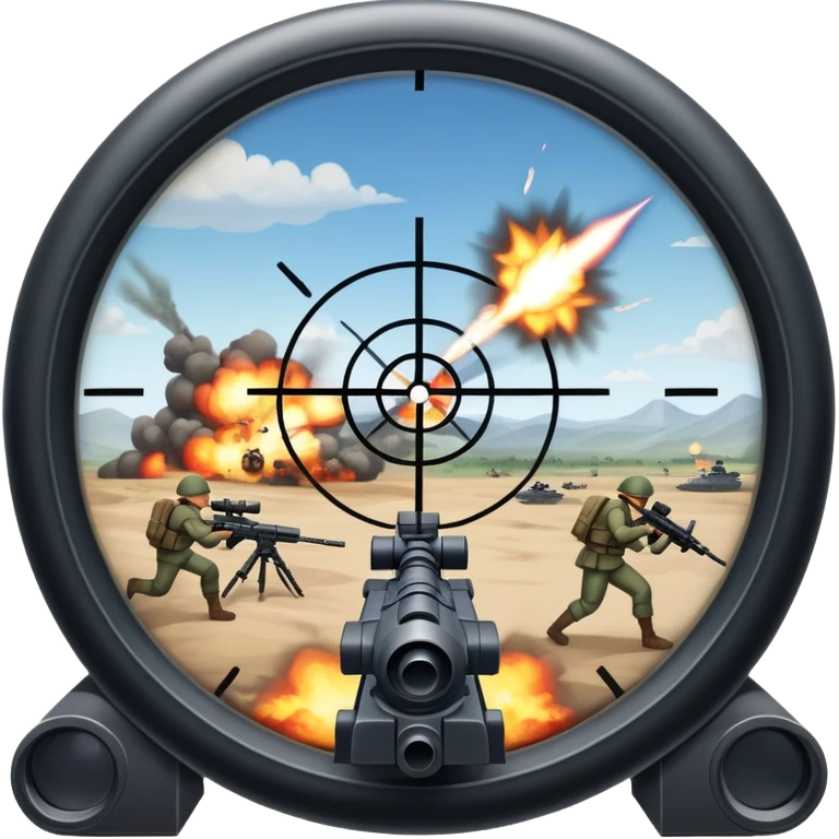 An icon symbolizing first-person shooter games. The design features a scope view with crosshairs aimed at a distant target. The background shows a battlefield with soldiers and explosions, capturing the action-packed intensity of FPS games. Transparent background. emoji