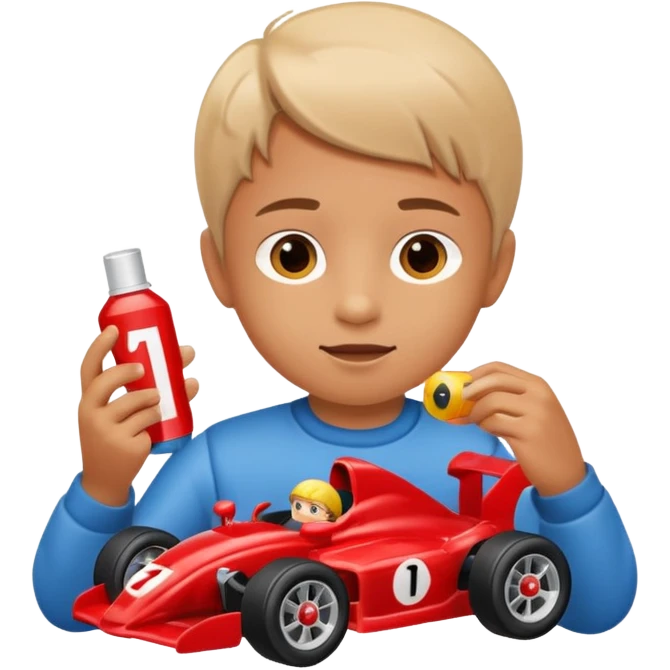 child playing with formula 1 toy car emoji