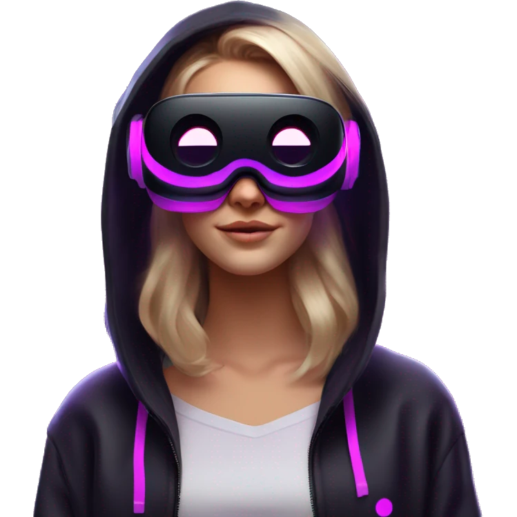 Russian girl wearing black hoody with violet letters "OMG", in vr headset oculus quest2. Dancing. Cyberpunk style. Violet neon. emoji
