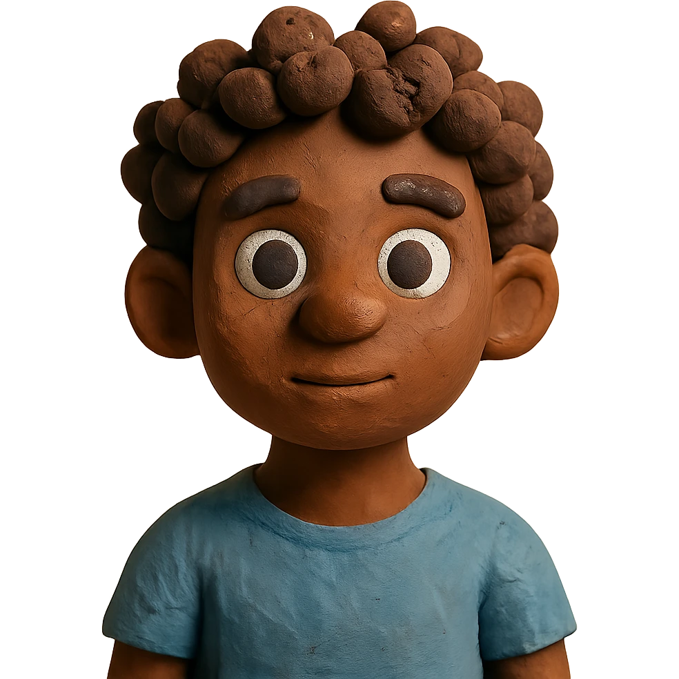 character with curly brown hair, brown eyes, brown skin emoji