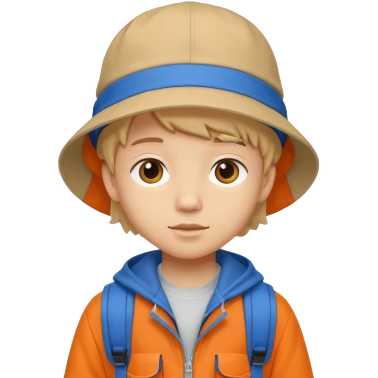 A little student with beige bucket hat, orange jacket, blue backpack emoji