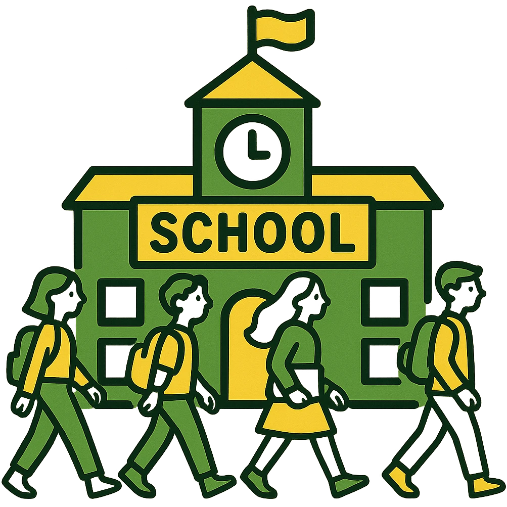Add students walking in front of the school building in a minimalistic style with a green, gold, and white color scheme. Use clean lines, with no background. emoji