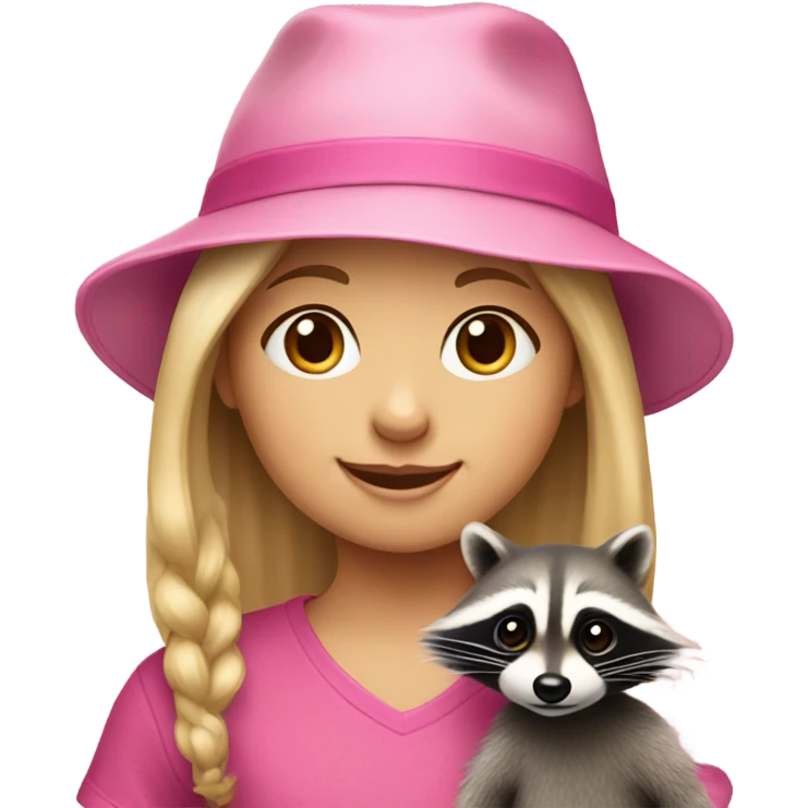 Eight-year-old girl with blonde hair holding a raccoon with a pink hat on emoji