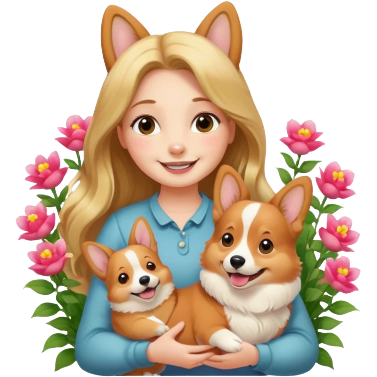 A long-haired girl holding a corgi in the flowers emoji