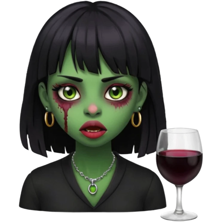 uma garota ZUMBI (cor de pele verde), com piercing na boca e no nariz, com olhos vinhos, cabelos pretos e com franja, e roupa preta emoji