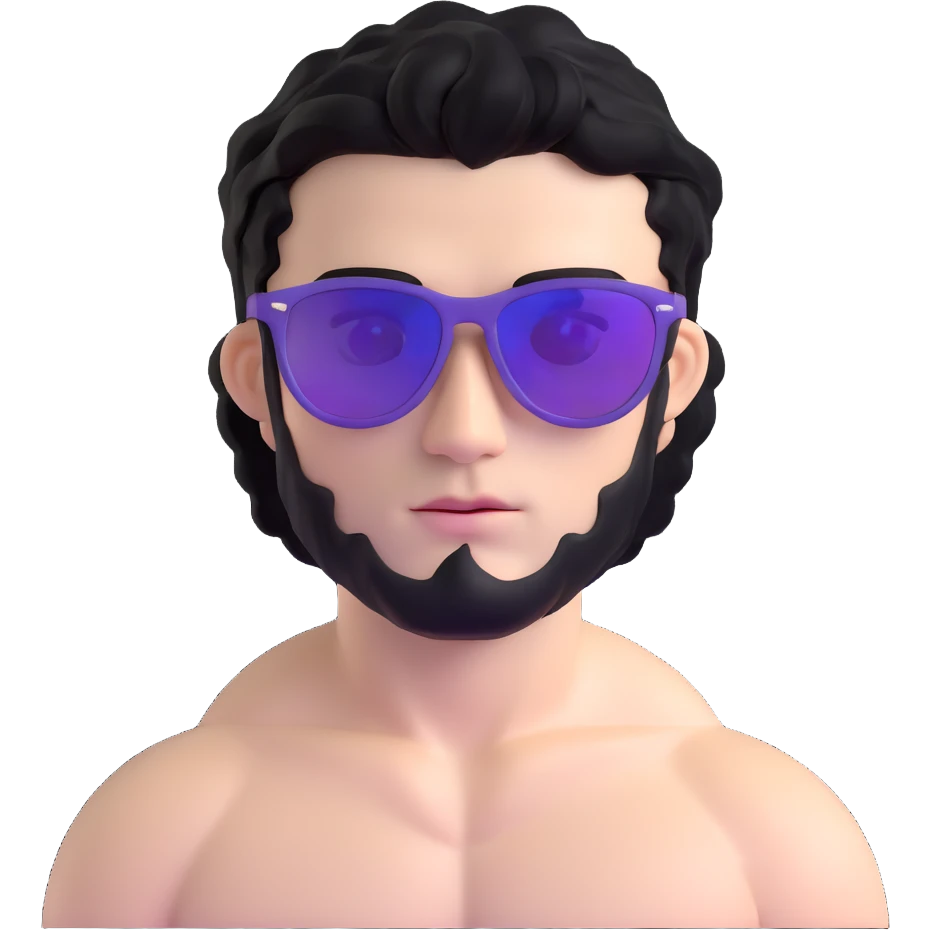 shirtless male athlete with white skin and moderately curly black hair on top with shaved sides, wearing purple sunglasses with black tinted lenses emoji