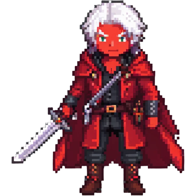 Dante from Devil May Cry with white hair, red coat, sword emoji