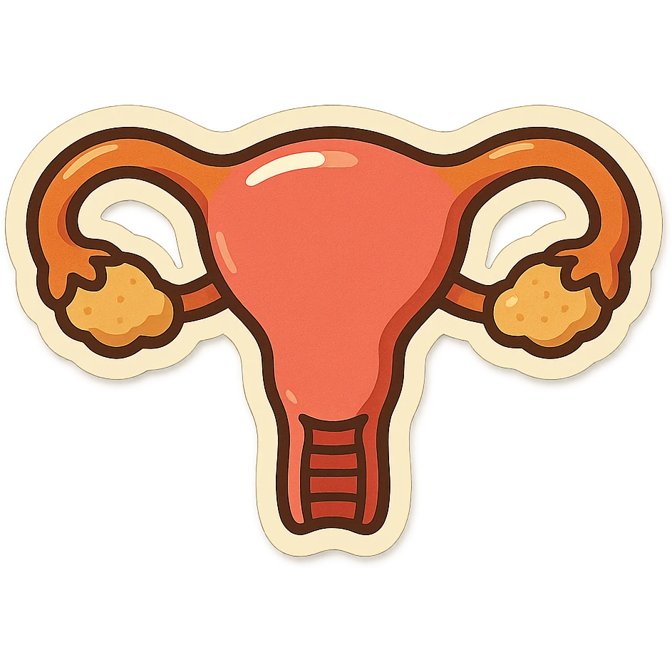 Retro stickers style variant of a uterus with more pronounced ovaries, soft rounded shapes, expressive contours, vintage color palette, light paper texture, shadows and highlights, transparent background. emoji
