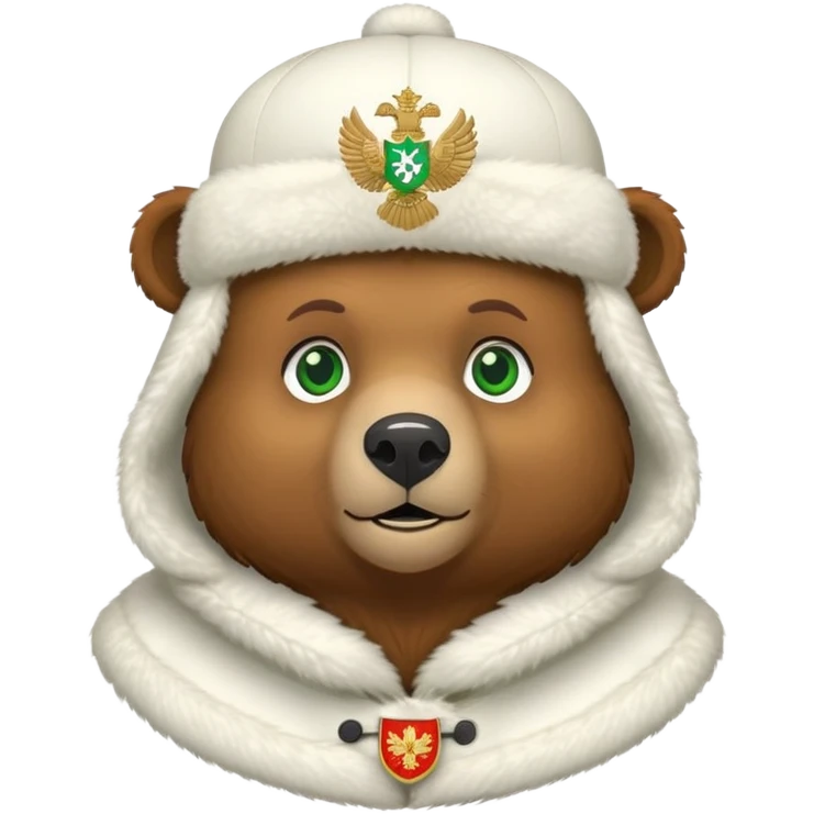 Minimalist cute brown bear head with green eyes, wearing white ushanka hat with simplified Russian double-headed eagle coat of arms, iOS emoji style emoji