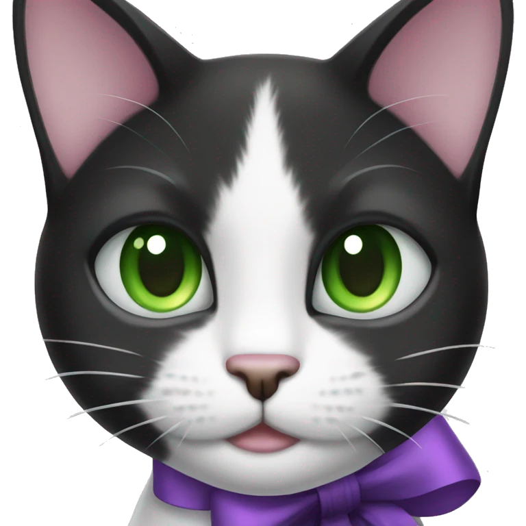 black and white cat green eyes purple bow emoji