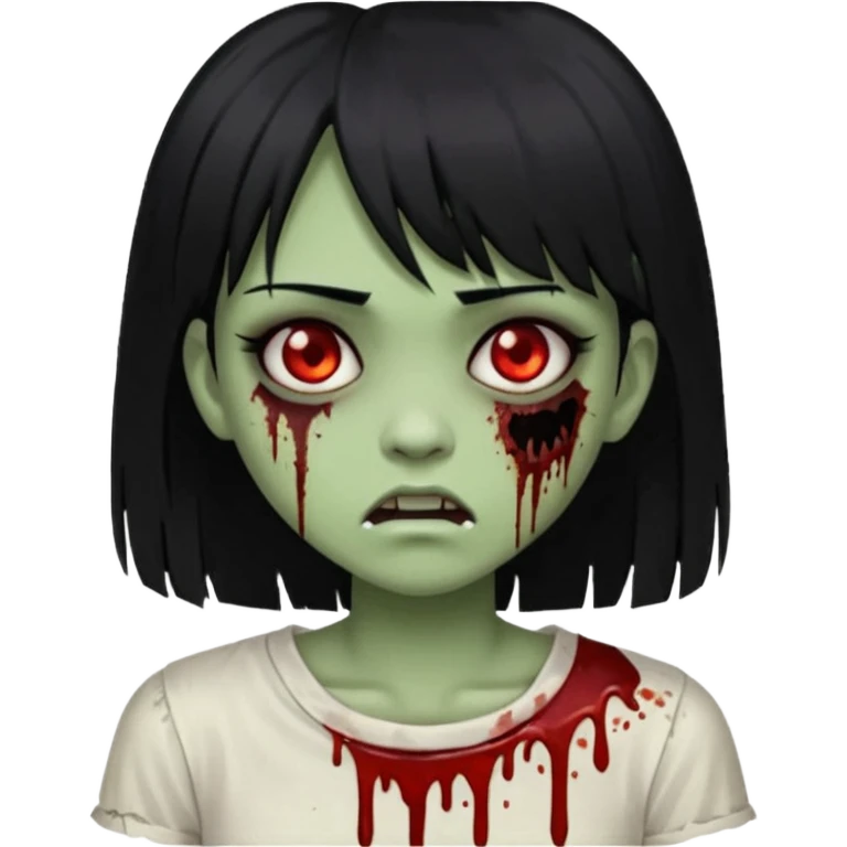 Emoji de uma garota com os cabelos longos, lisos e pretos. Ela usa uma franja curta. Tem a pele esverdeada e ferimentos no rosto cobertos com sangue, usa uma blusa branca rasgada e suja de poeira. Ela é uma zumbi emoji