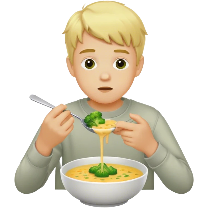 blonde boy eating broccoli cheddar soup emoji