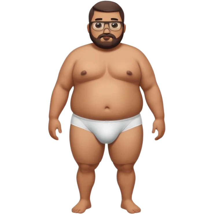 A full body standing, morbidly obese, fat, shirtless tanned mexican guy in his white underwear , with a short buzzcut, a beard, and glasses thats drooling  emoji