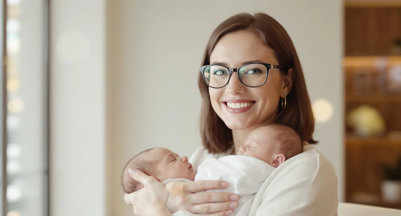 Cinematic still, Proffesional advertising of a smiling european white woman with glasses smiling holding baby, minimalistic ophthalmologist interior in background, leading  lines, "rule of thirds", 60/30/10 colors, soft light, warm colors, bokeh light in background emoji