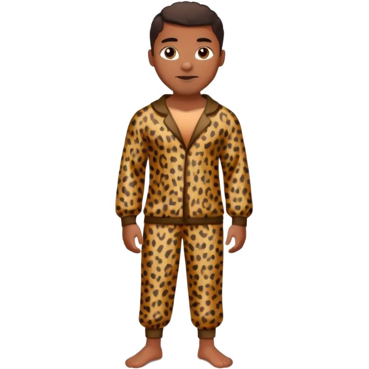 Handsome Black guy with brown skin tone, with muscular build, wearing loose fitting leopard print pajamas and white slippers  emoji
