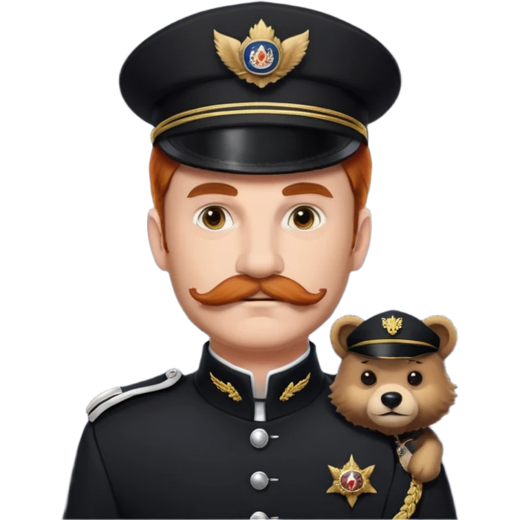 An auburn-hair'ed admiral with a flawless bear and mustache wearing a black admiral outfit and hat with Wolf Ears coming out of the hat, and 9 wolf tails behind him, with the admiral black shirt featuring on the left breast pocket the insignia of Helldivers 2. emoji