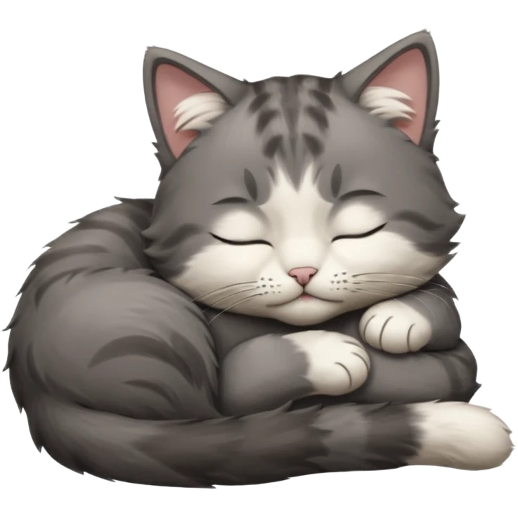 dark grey and white small cat with closed eyes, leaning his head on his paw while leaning on his elbow lying down emoji