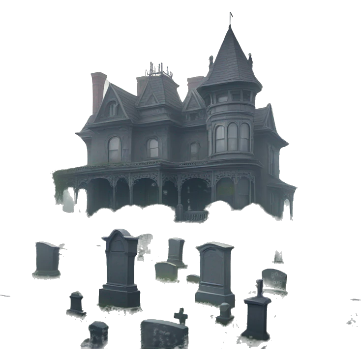 Large overgrown Haunting graveyard and Victorian mansion at noon, light fog emoji