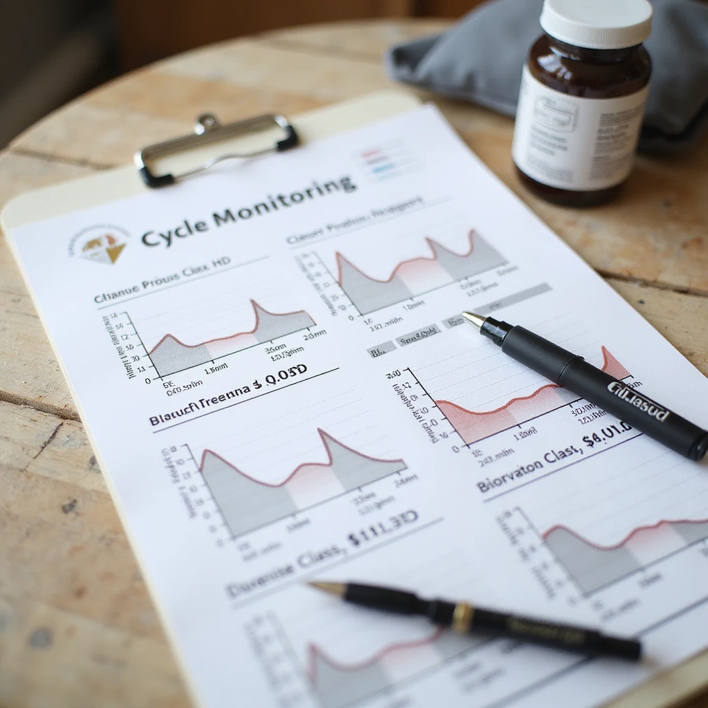 hyperrealistic 4K cycle monitoring sheet with graphs of weight, blood pressure, blood values, pen and supplements nearby, detailed emoji