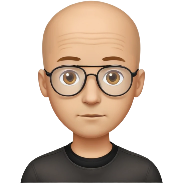 Oval-faced man with large forehead, aviator glasses, completely bald sides with extremely short dark curly hair only on crown, light brown skin, friendly neutral expression, black shirt emoji