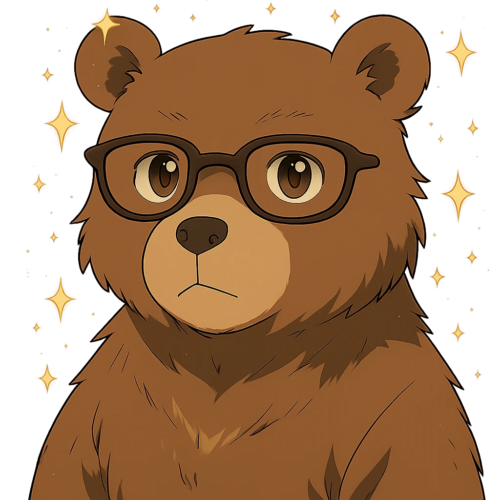 Add magical sparkles around the chibi bear with glasses. Keep the image with no background. emoji