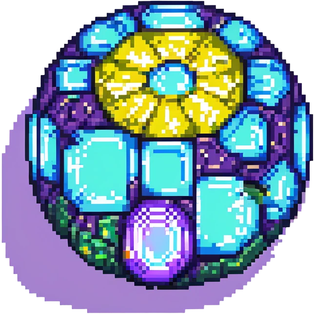 blue gem with cracks, cracks shining in green, yellow, and purple, pixel art style emoji