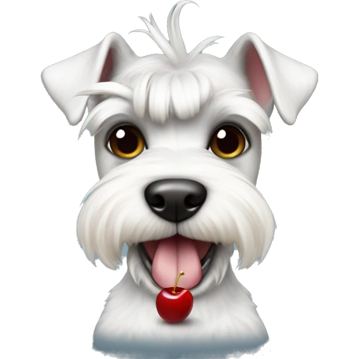 White fun mini schnauzer in overalls with cherries emoji
