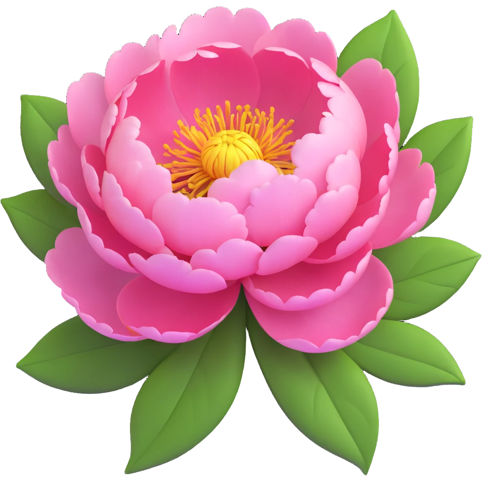 A pink peony flower in 3D iOS style with green leaves, detailed petals, and a soft, vibrant color scheme. emoji