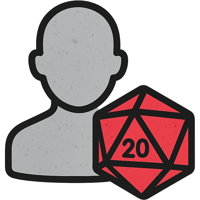 minimalist gray icon of a player silhouette with a D20 dice, worn distressed look emoji