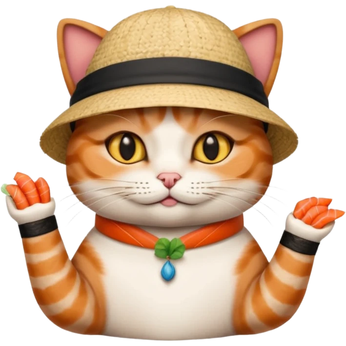 cat with its fingers crossed wearing a hat made out of sushi emoji