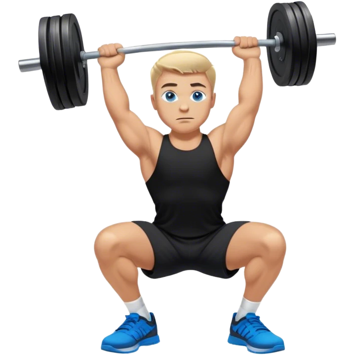 tanned man blue eyes black shorts black t shirt blue shoes barbell squats emoji