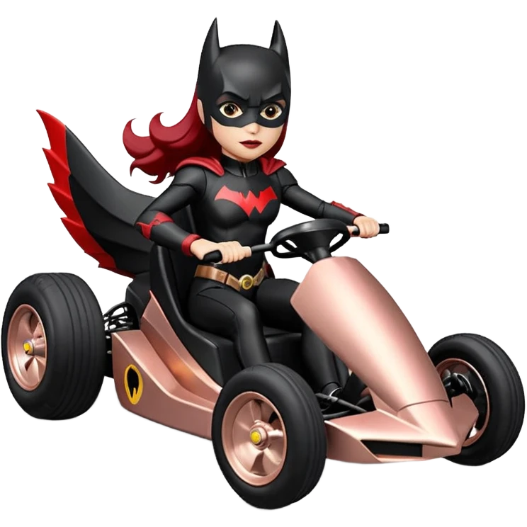 Hot full size real size-appearance electric road racing sexy BatWoman’s feminine midnight-colored tight outfit sixty’s tv show 1992 dark stealthy sporty safe plush petite off-road pursuit cruiser car rose gold accents (black hair,reclined and relaxed torso and shoulders seating position) go kart  emoji