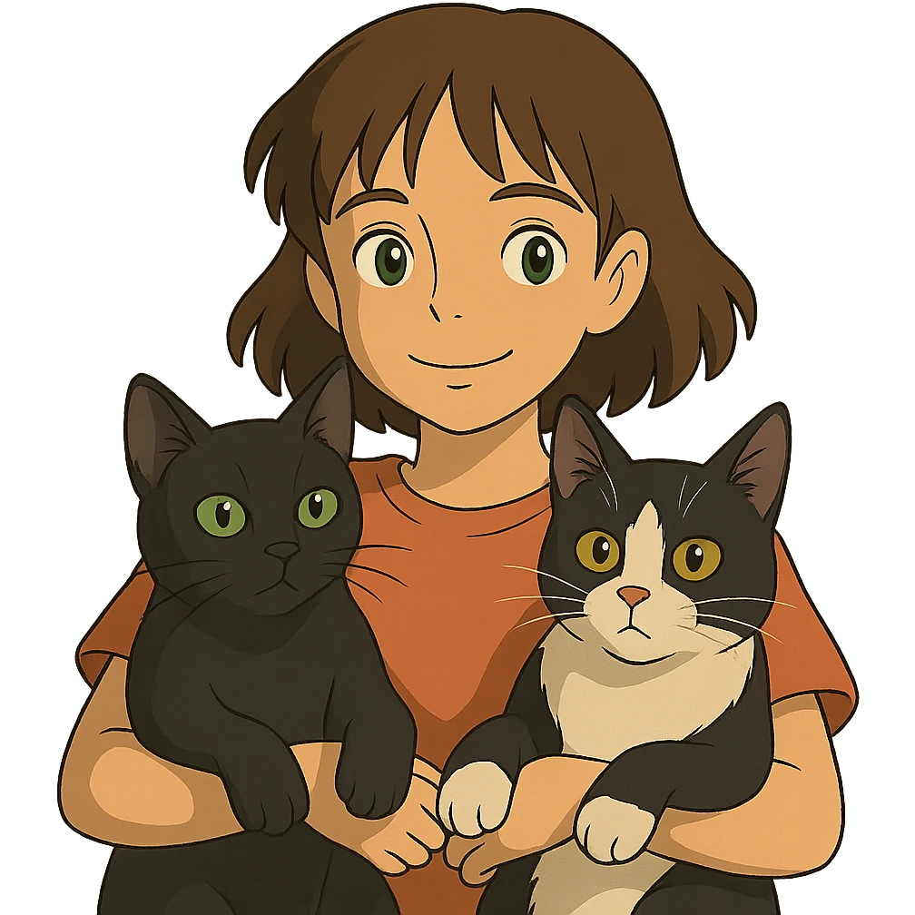 ghibli style brown haired girl with light tan skin and brown eyes holding a black Bombay cat with green eyes and a black and white Tuxedo cat with hazel eyes emoji