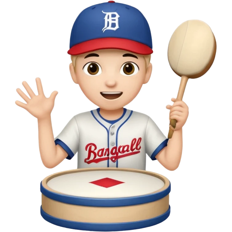 A young boy with a cap, wearing team colors, banging a small drum excitedly. emoji