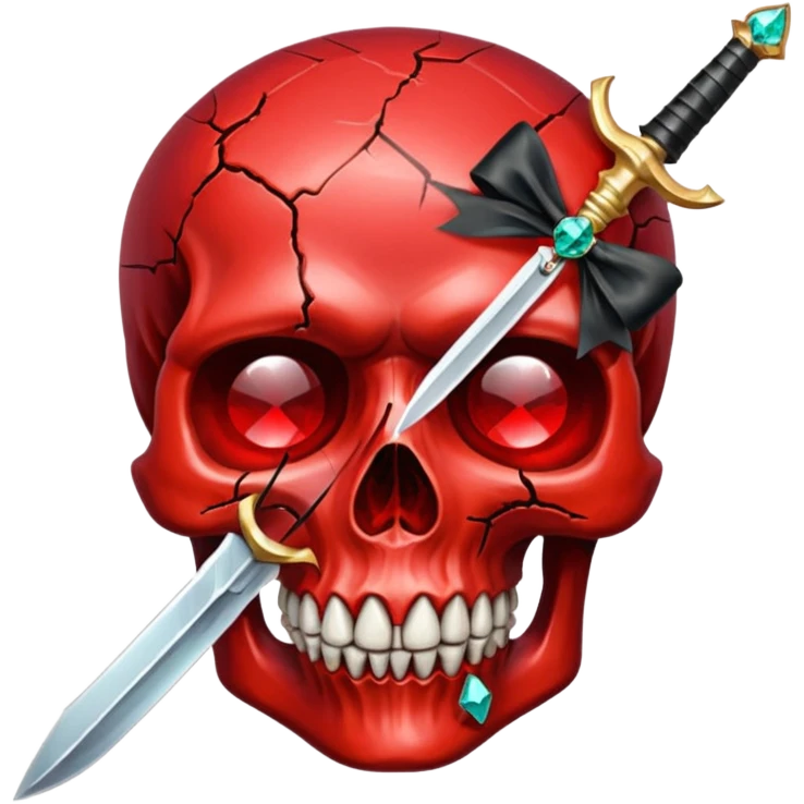 make me a red crystal skull partly see thew super gem like make it realistic and held together by a black bow and a small dager to the eye with cracks coming from it  emoji
