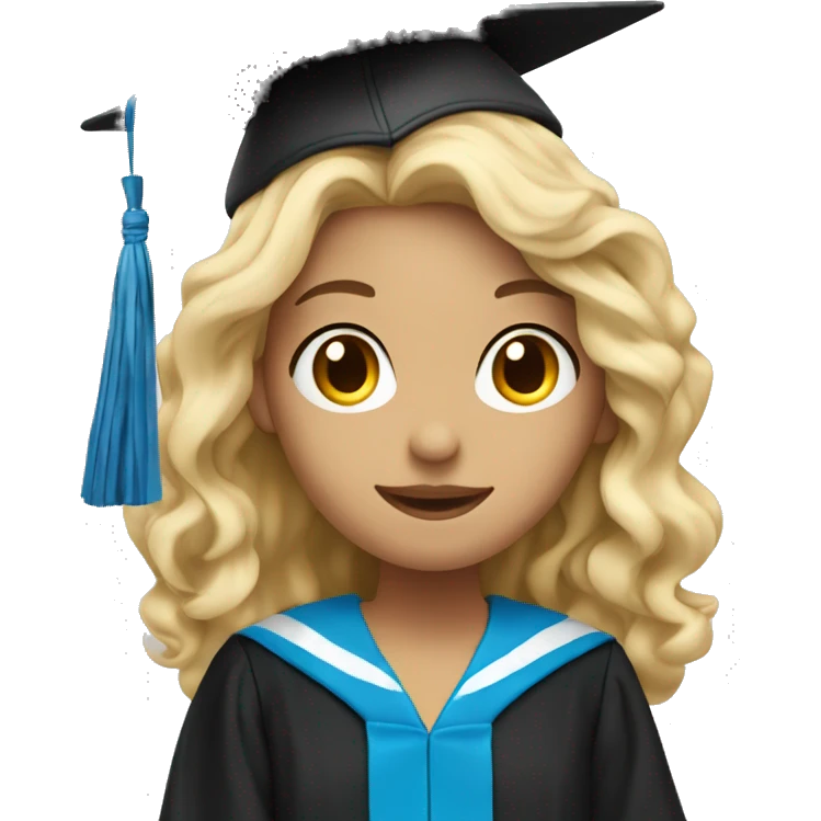 blonde girl wearing blue graduation cap with long curly black hair emoji
