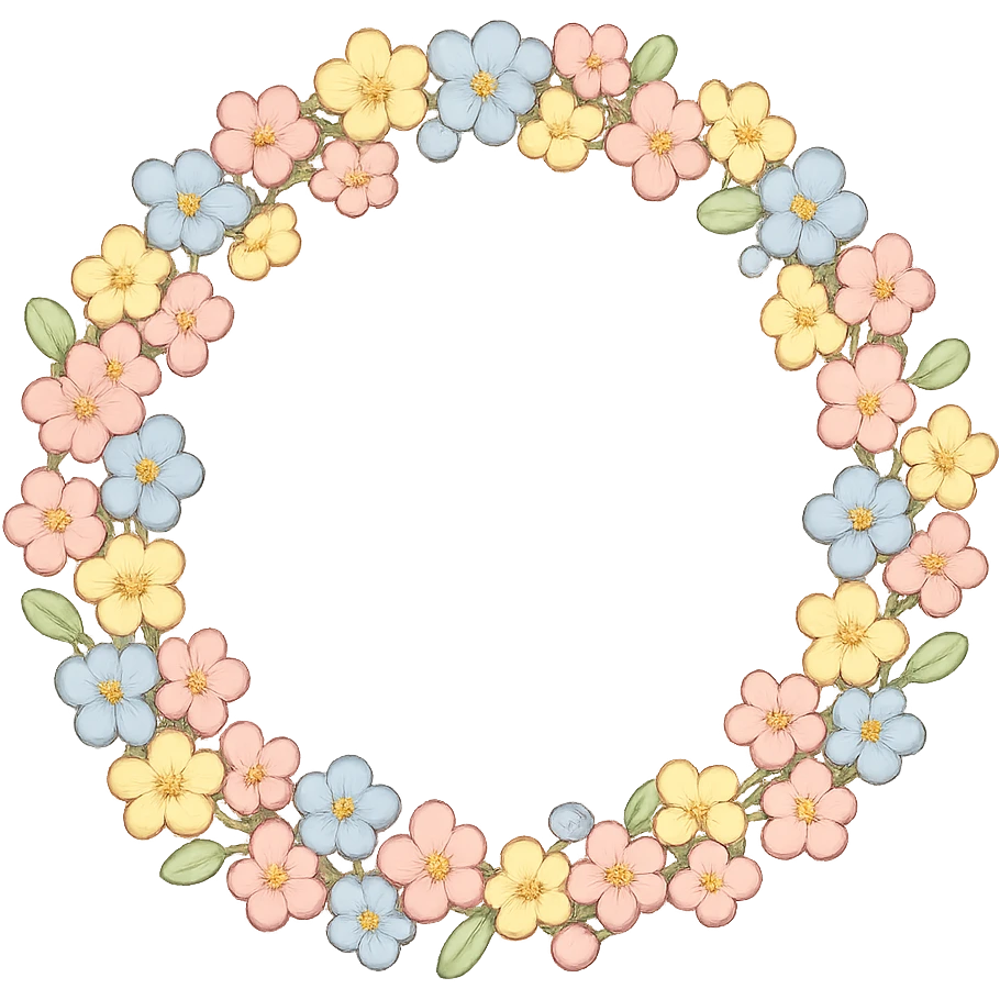 a floral wreath made of small pastel flowers with a few green leaves, Japanese hand-drawn, full object, transparent background emoji