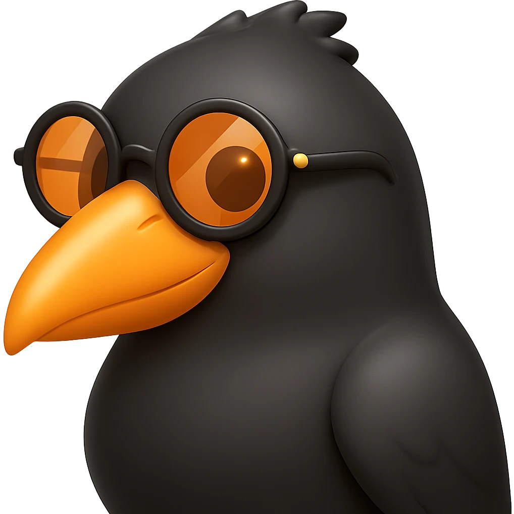 Make the bird emoji more emoji-like but keep the detailed, slightly cartoonish style of the reference. Smooth out the feather texture just a bit, add a subtle emoji shine, and keep the orange beak and round sunglasses. Bird looking to the right. No background. emoji