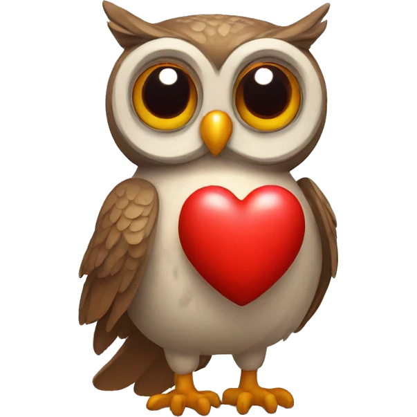 Friendly owl with big eyes holding a red heart emoji