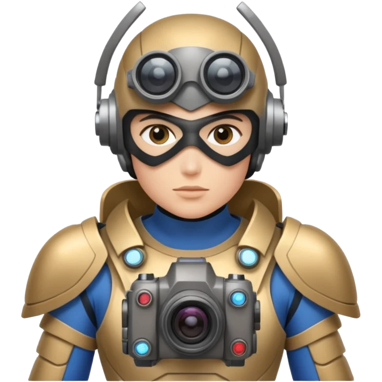 Un photographe high tech du futur, avec du matériel, une armure de terrain à la super héro. Il a des appareils photos, des caméras embarquées et un drone  emoji