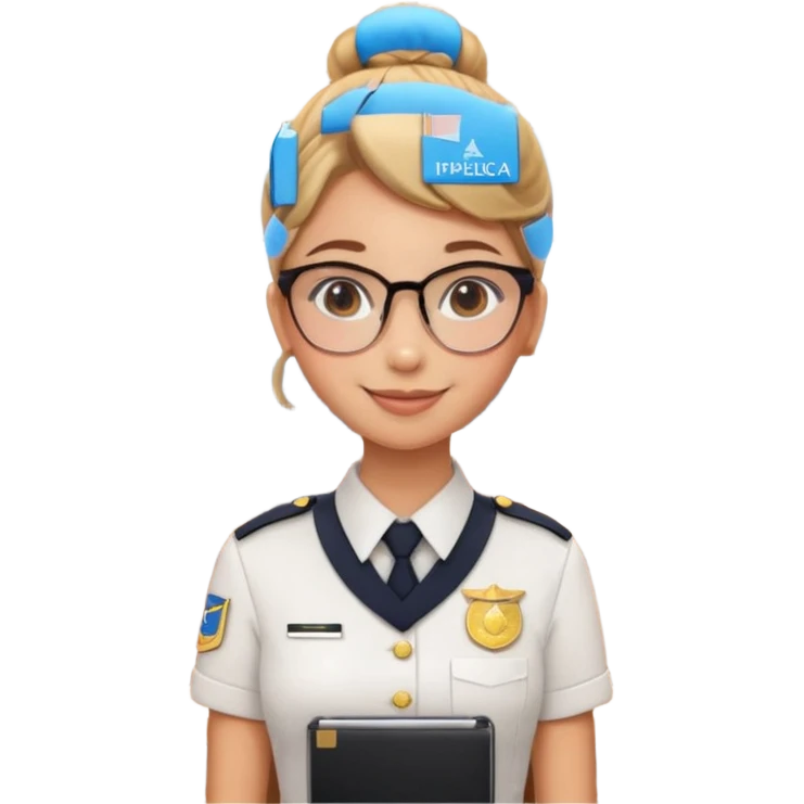 Reception Young girl, bun hair, wearing uniform of reception with hotel name badge, glasses, stand behind the desk

 emoji