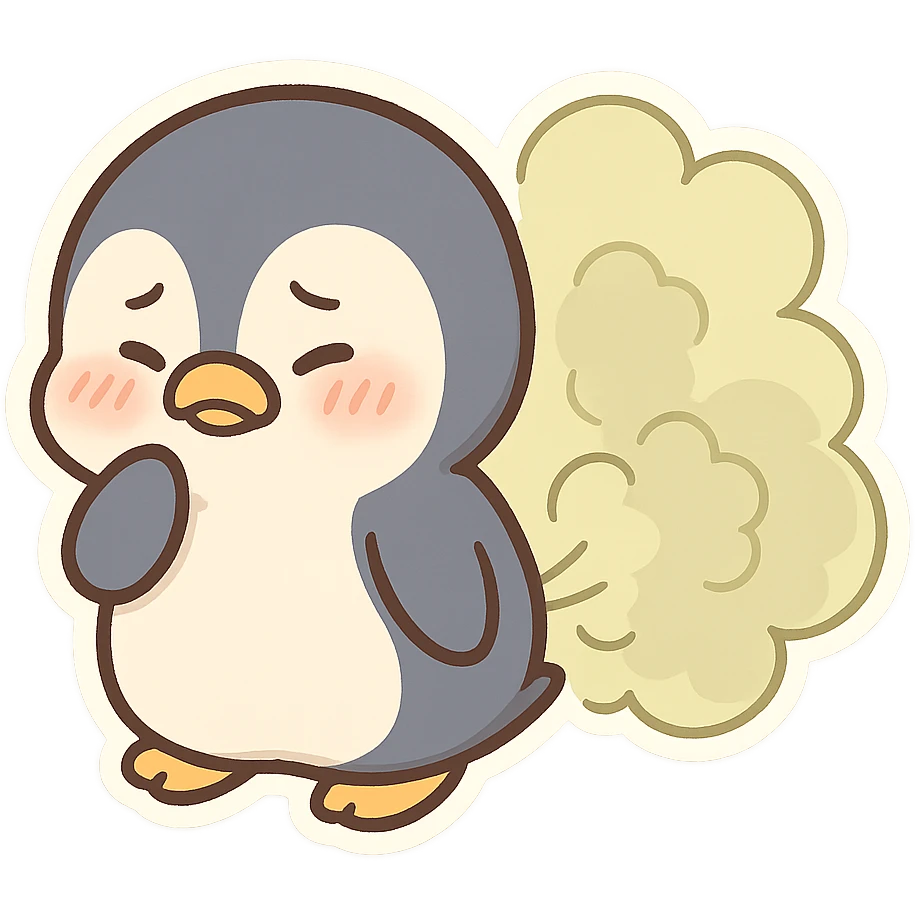 cute penguin with big fart cloud behind it looking embarrassed emoji