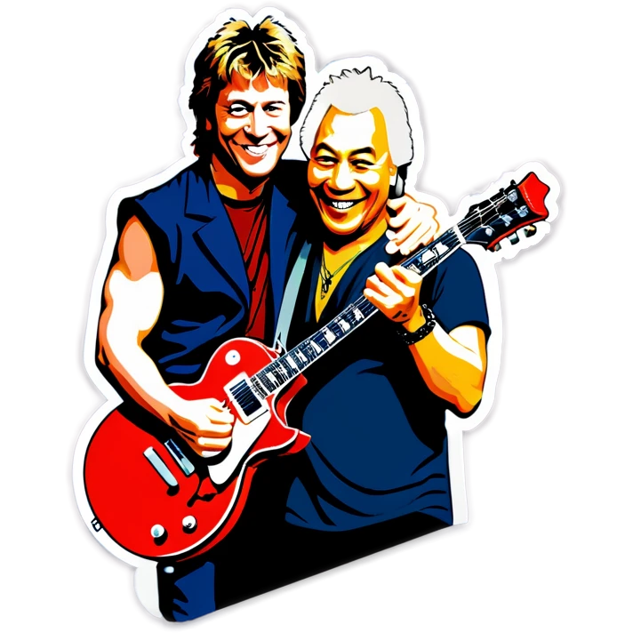 Dalai lama and Jon Bo Bon Jovi rock electric guitar with Jon Bon Jovi emoji