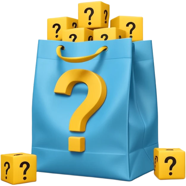 White bag with yellow questions mark cube boxes stuffed in it emoji
